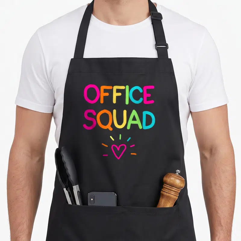 Administrative assistant school secretary office apron - Multi-colored OFFICE SQUAD text above a pink heart with five — shown on a black cotton canvas apron against a white background