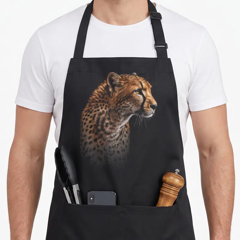 Tiger cheetah apron - Realistic leopard head and neck portrait in orange brown and black spots — shown on a black cotton canvas apron against a white background