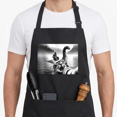 Riding funny cat apron - Shocked cat selfie with Bigfoot riding plesiosaur in grayscale mountain lake — shown on a black cotton canvas apron against a white background
