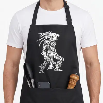 Aztec strong man apron - White line-art warrior with bird mask and chain on black apron — shown on a black cotton canvas apron against a white background