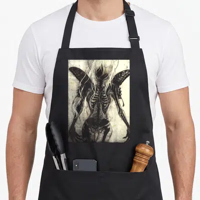Dark gothic apron - Skeletal fairy with large wings in black and beige, realistic art style, rectangular border — shown on a black cotton canvas apron against a white background