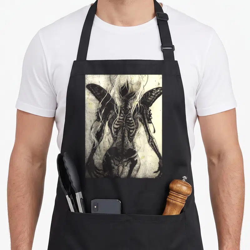 Dark gothic apron - Skeletal fairy with large wings in black and beige, realistic art style, rectangular border — shown on a black cotton canvas apron against a white background