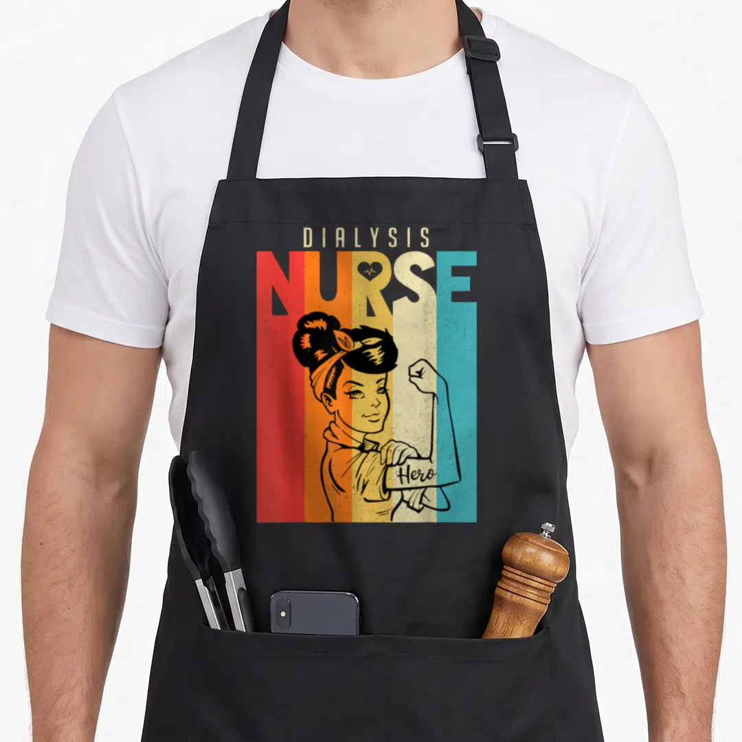 Dialysis rosie the riveter apron - Retro nurse flexing arm against five colored stripes with Dialysis Nurse Hero text — shown on a black cotton canvas apron against a white background