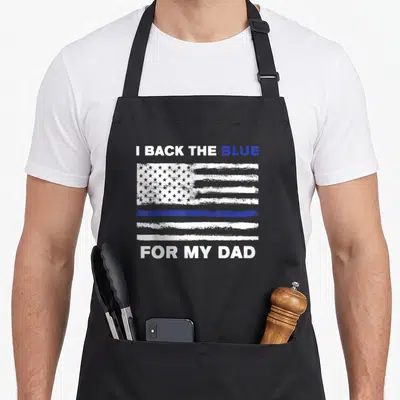 Blue police dad apron - Distressed USA flag with thin blue line and I BACK THE BLUE FOR MY DAD text — shown on a black cotton canvas apron against a white background