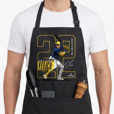 Christian milwaukee apron - Baseball player swinging bat with yellow 22 outline and Christian Yelich text — shown on a black cotton canvas apron against a white background