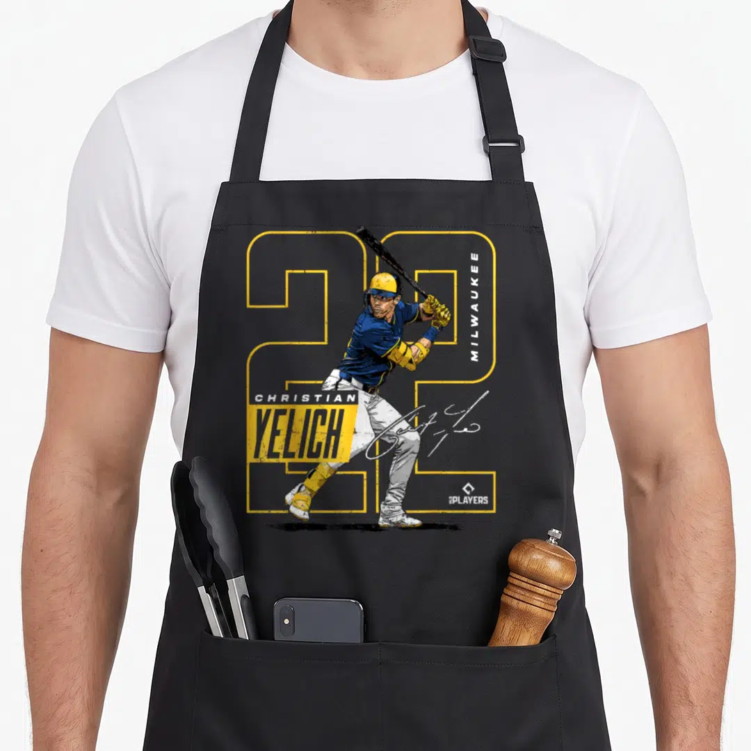 Christian milwaukee apron - Baseball player swinging bat with yellow 22 outline and Christian Yelich text — shown on a black cotton canvas apron against a white background