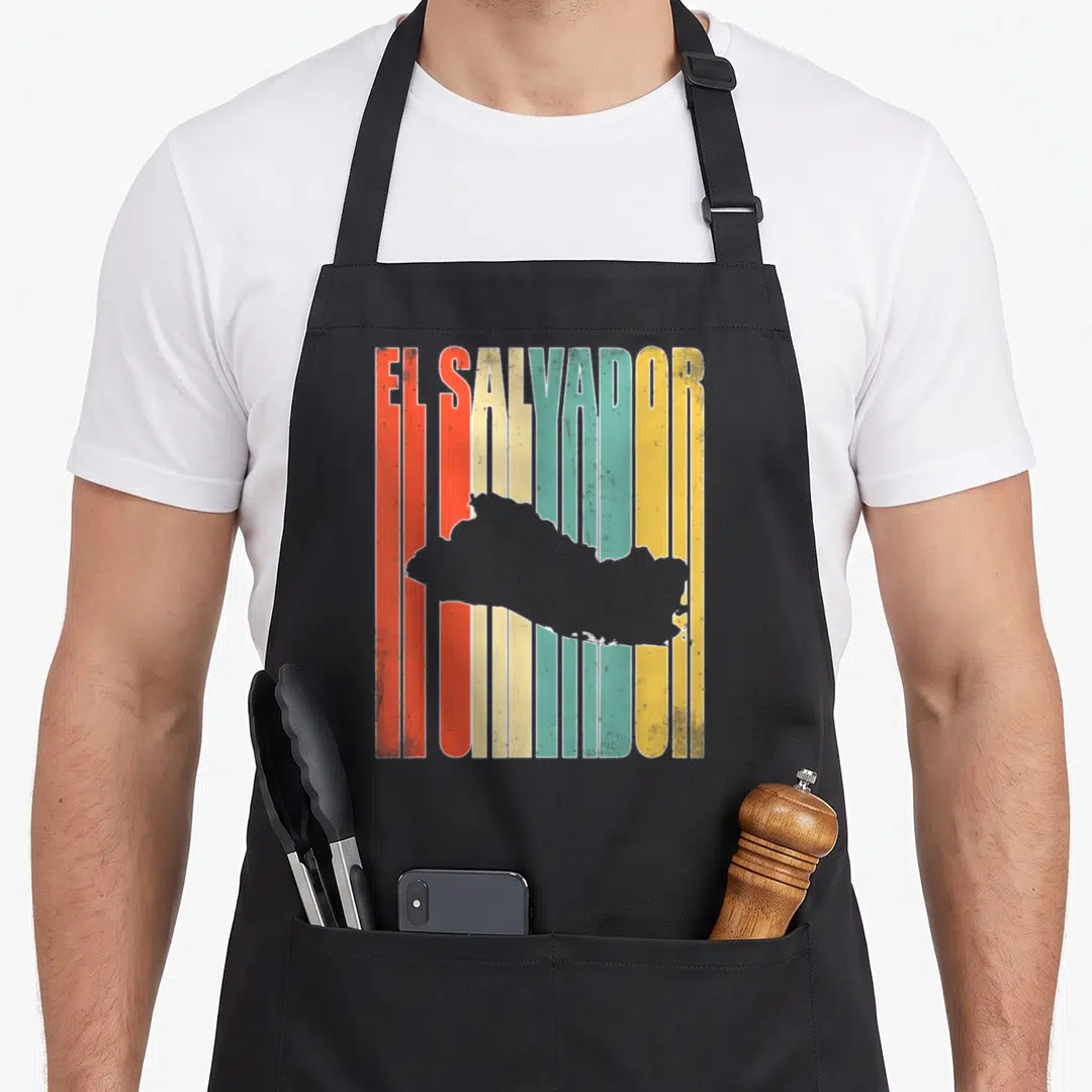 Funny salvador el cook apron - Retro map of El Salvador on colorful vertical stripes — shown on a black cotton canvas apron against a white background