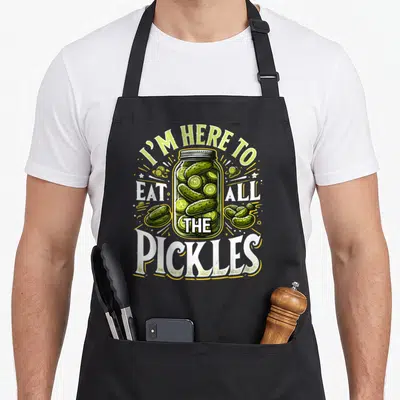 Eat pickle apron - Cartoon pickle jar with text I'M HERE TO EAT ALL THE PICKLES surrounded by loose pickles and stars — shown on a black cotton canvas apron against a white background