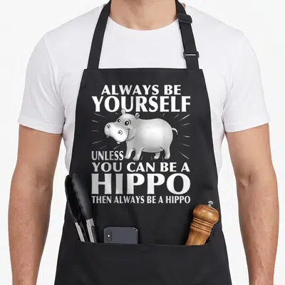 Hippo alway animal apron - Cartoon grey hippo with white text ALWAYS BE YOURSELF UNLESS YOU CAN BE A HIPPO — shown on a black cotton canvas apron against a white background