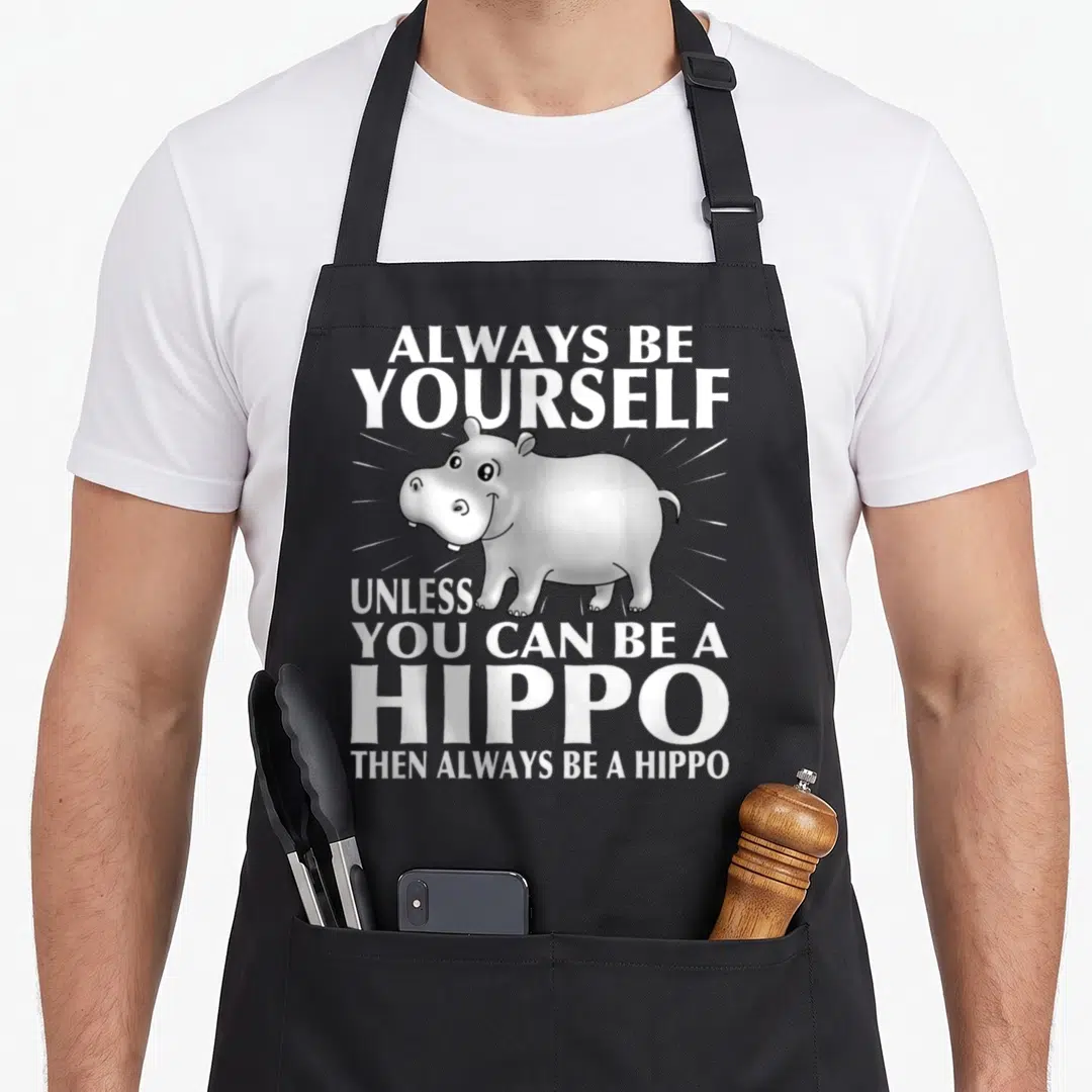 Hippo alway animal apron - Cartoon grey hippo with white text ALWAYS BE YOURSELF UNLESS YOU CAN BE A HIPPO — shown on a black cotton canvas apron against a white background
