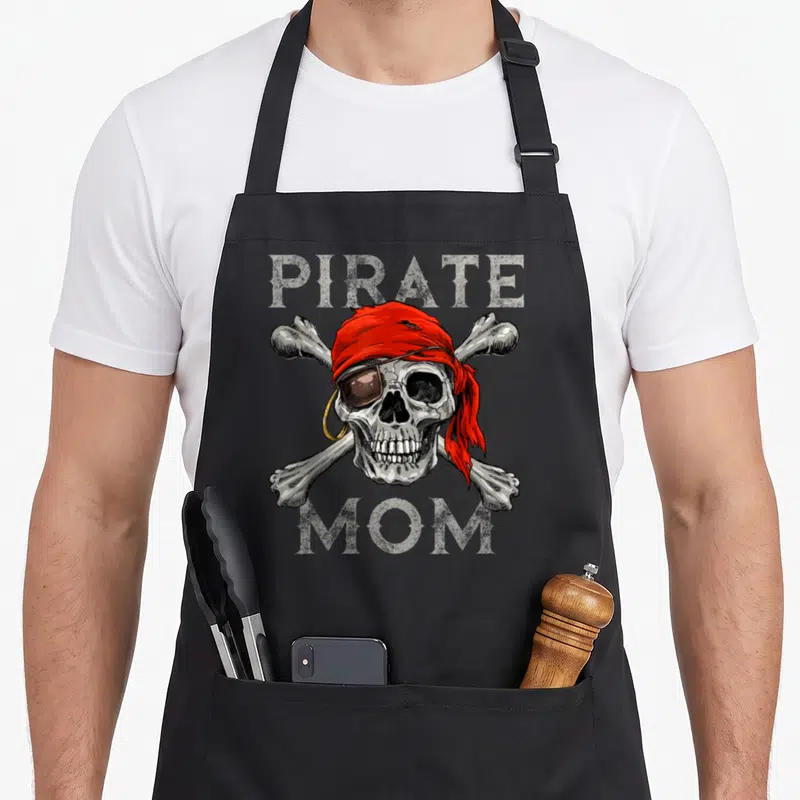 Roger halloween apron - Skull with red bandana and eye patch over crossed bones with PIRATE MOM text — shown on a black cotton canvas apron against a white background