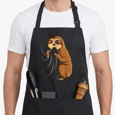 Sloth apron gift - Cartoon brown sloth with white curved lines emanating from mouth and paws — shown on a black cotton canvas apron against a white background