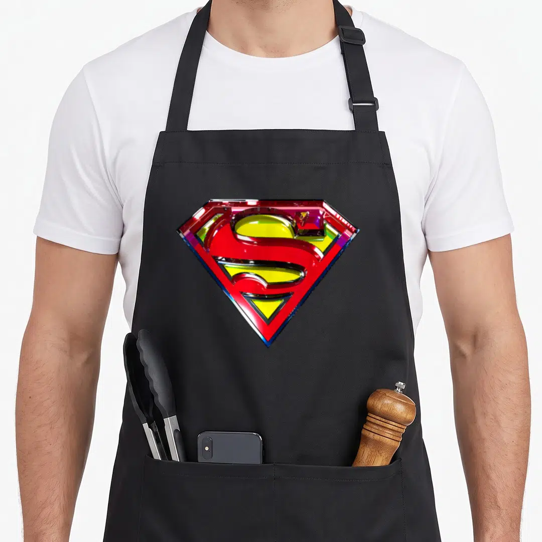 Glass special husband apron - Glossy red yellow blue shield emblem with raised S symbol — shown on a black cotton canvas apron against a white background