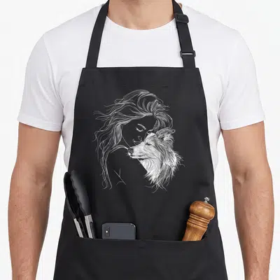 Shetland mother's day aprons - White line art of woman profile leaning against a Shetland Sheepdog — shown on a black cotton canvas apron against a white background