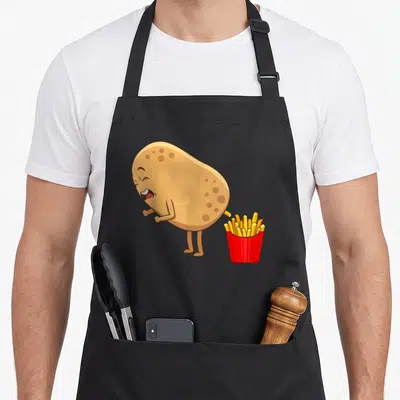 Food french apron - Cartoon brown potato extruding yellow fries into a red container — shown on a black cotton canvas apron against a white background
