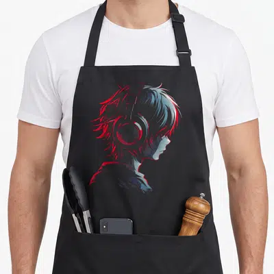 Headphone anime apron - Profile of person wearing headphones in red and blue line art — shown on a black cotton canvas apron against a white background