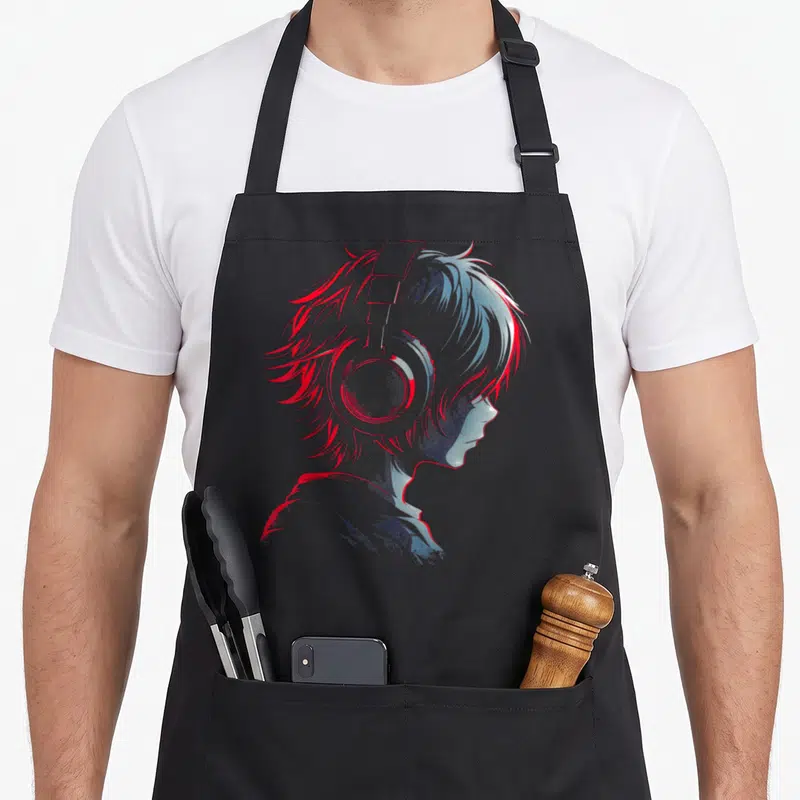 Headphone anime apron - Profile of person wearing headphones in red and blue line art — shown on a black cotton canvas apron against a white background