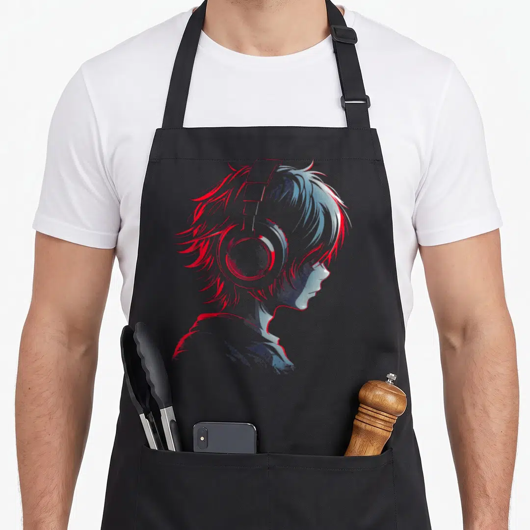 Headphone anime apron - Profile of person wearing headphones in red and blue line art — shown on a black cotton canvas apron against a white background