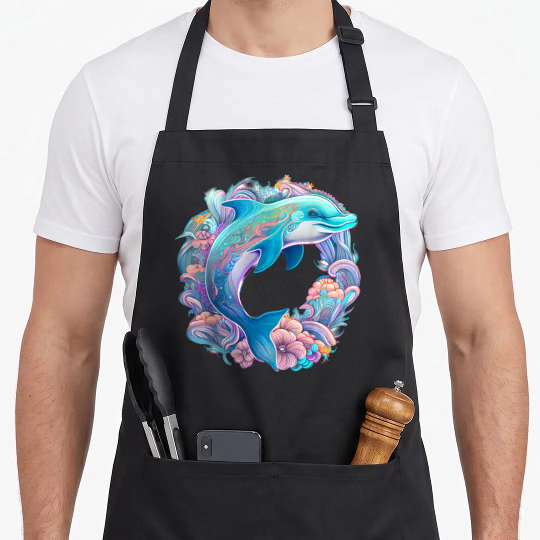 Festive easter apron - Dolphin in circular watercolor wreath with blue, teal, pink, yellow waves and flowers — shown on a black cotton canvas apron against a white background