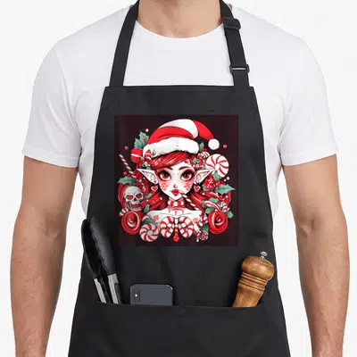Yuletide candy cane apron - Cartoon elf girl in Santa hat surrounded by red white candies holly and skull — shown on a black cotton canvas apron against a white background