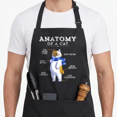 Anatomy kitty cat apron - Cartoon cat diagram with labels Boop Button, Noms Container, and Floof Transporter in blue — shown on a black cotton canvas apron against a white background