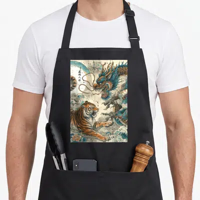 Tiger dragon apron - Blue dragon and orange tiger facing each other with vertical text and stylized clouds — shown on a black cotton canvas apron against a white background