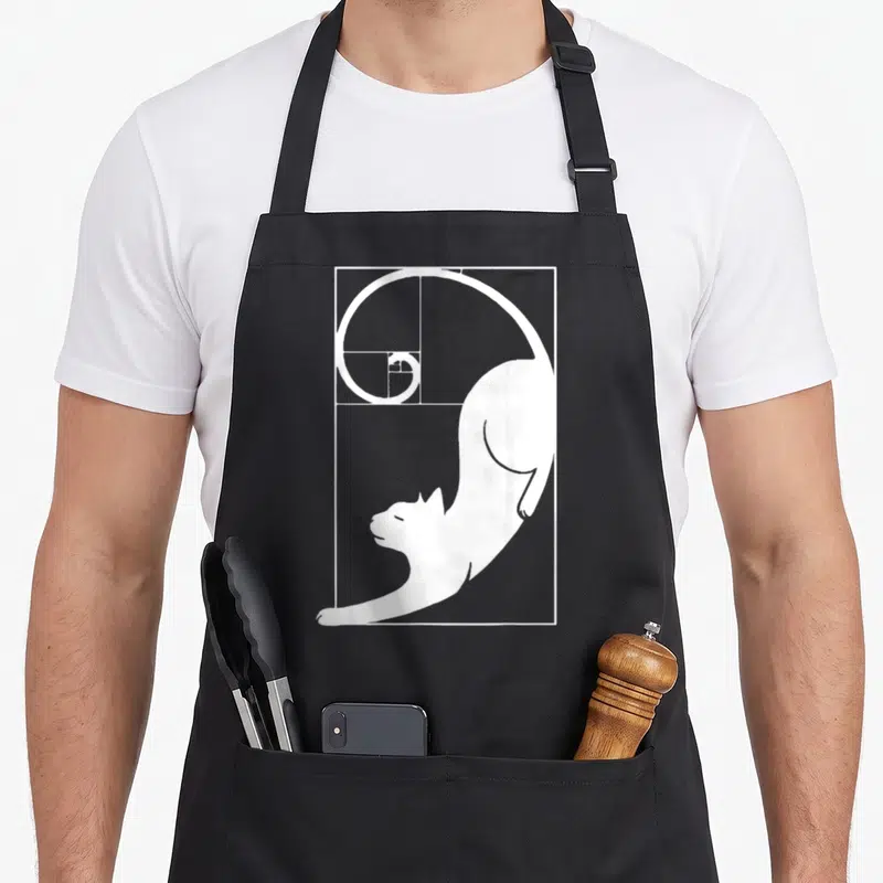 Fibonacci cat apron - White cat silhouette forming a golden ratio spiral inside a white rectangular frame — shown on a black cotton canvas apron against a white background