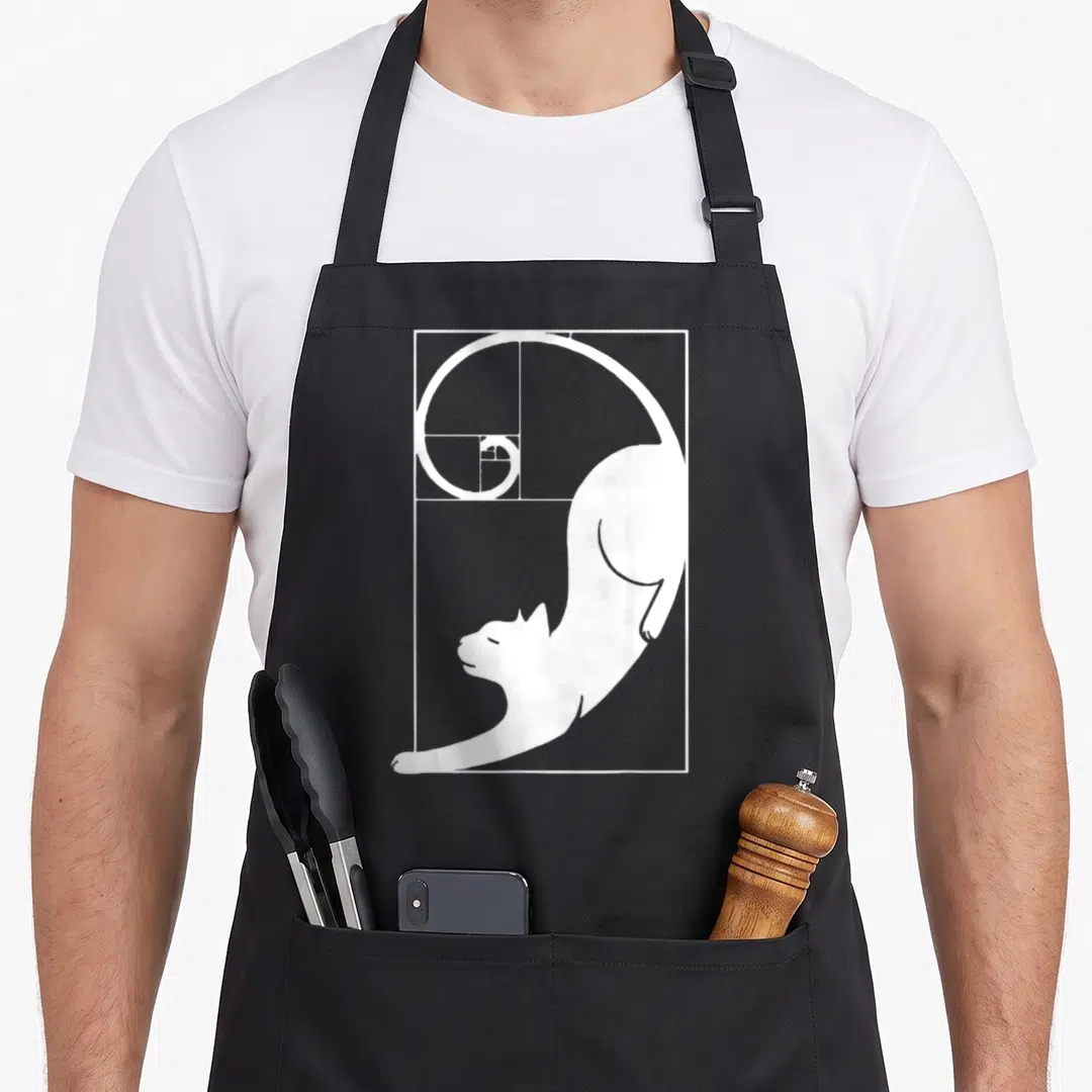 Fibonacci cat apron - White cat silhouette forming a golden ratio spiral inside a white rectangular frame — shown on a black cotton canvas apron against a white background