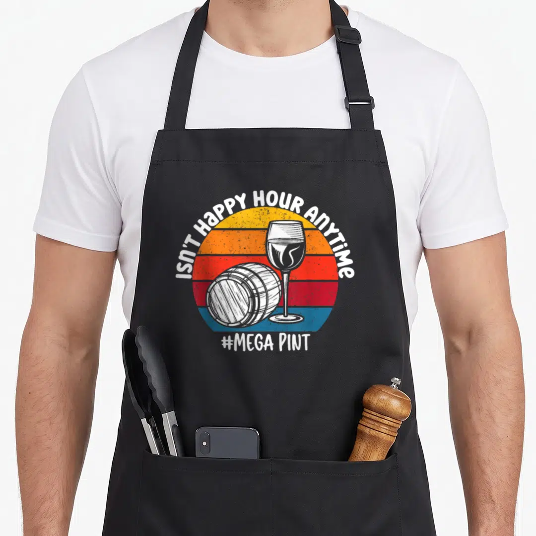 Pint hour apron - Retro striped circle with wine glass, barrel, and isn't happy hour anytime text — shown on a black cotton canvas apron against a white background