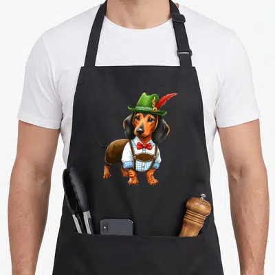German sausage apron - Cartoon dachshund wearing green hat red bow tie and brown lederhosen — shown on a black cotton canvas apron against a white background