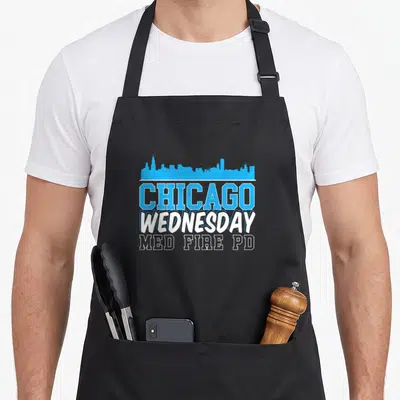 Wednesday chicago apron - Blue Chicago skyline above stacked CHICAGO WEDNESDAY MED FIRE PD text in blue and white — shown on a black cotton canvas apron against a white background