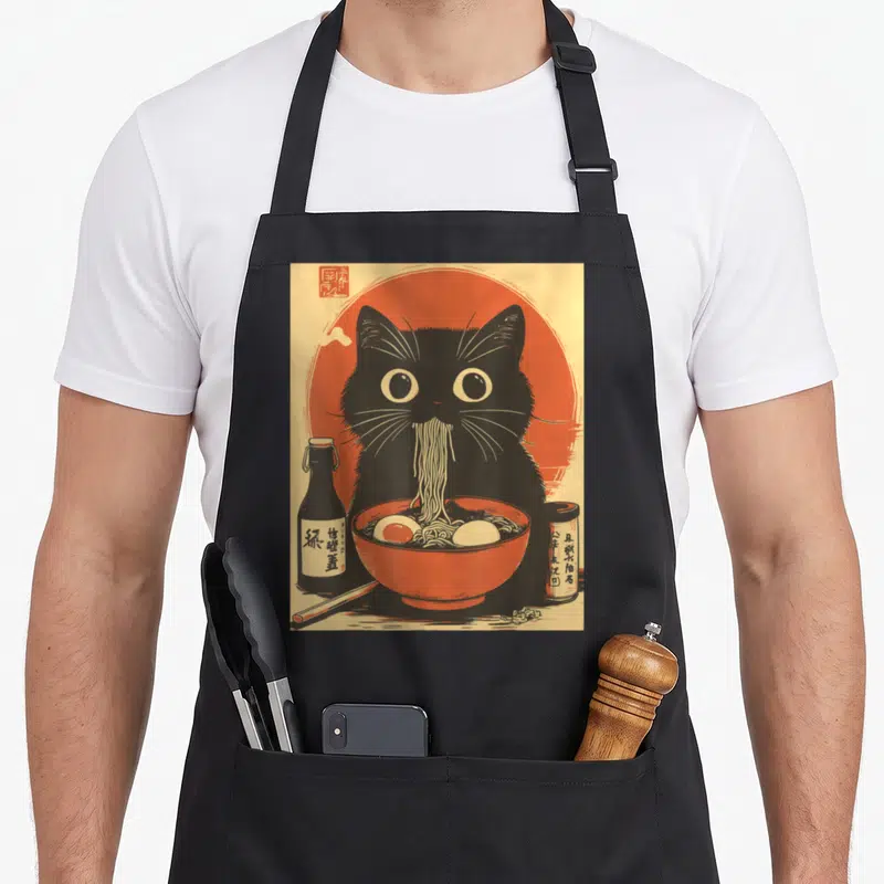 Kawaii noodle cat apron - Retro black cat eating noodles from red bowl with bottle and canister on beige background — shown on a black cotton canvas apron against a white background