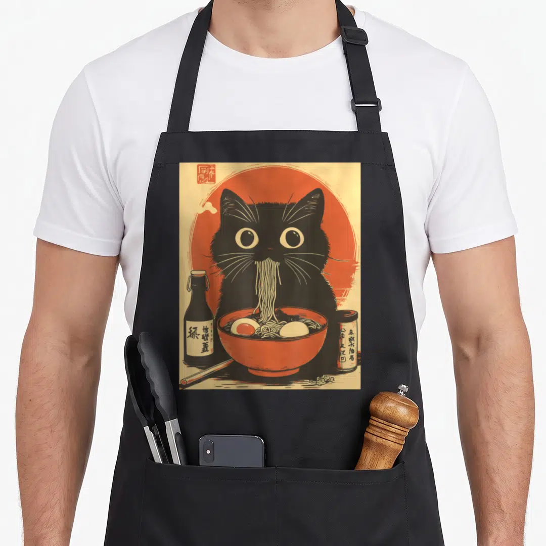 Kawaii noodle cat apron - Retro black cat eating noodles from red bowl with bottle and canister on beige background — shown on a black cotton canvas apron against a white background