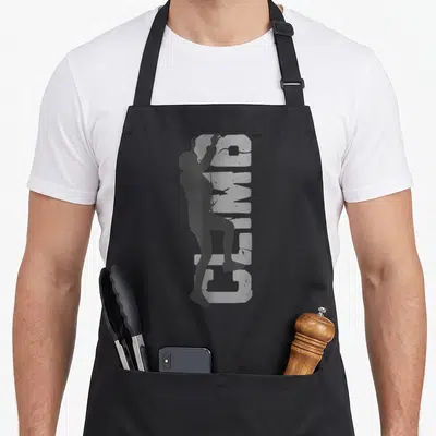 Rock rappelling apron - Dark grey climber silhouette overlapping light grey vertical CLIMB text on black fabric — shown on a black cotton canvas apron against a white background
