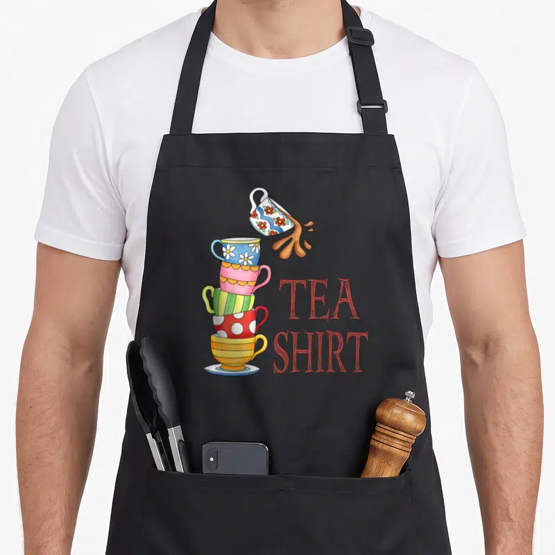 Pun tea apron - Five stacked teacups spilling brown tea beside red TEA SHIRT text — shown on a black cotton canvas apron against a white background