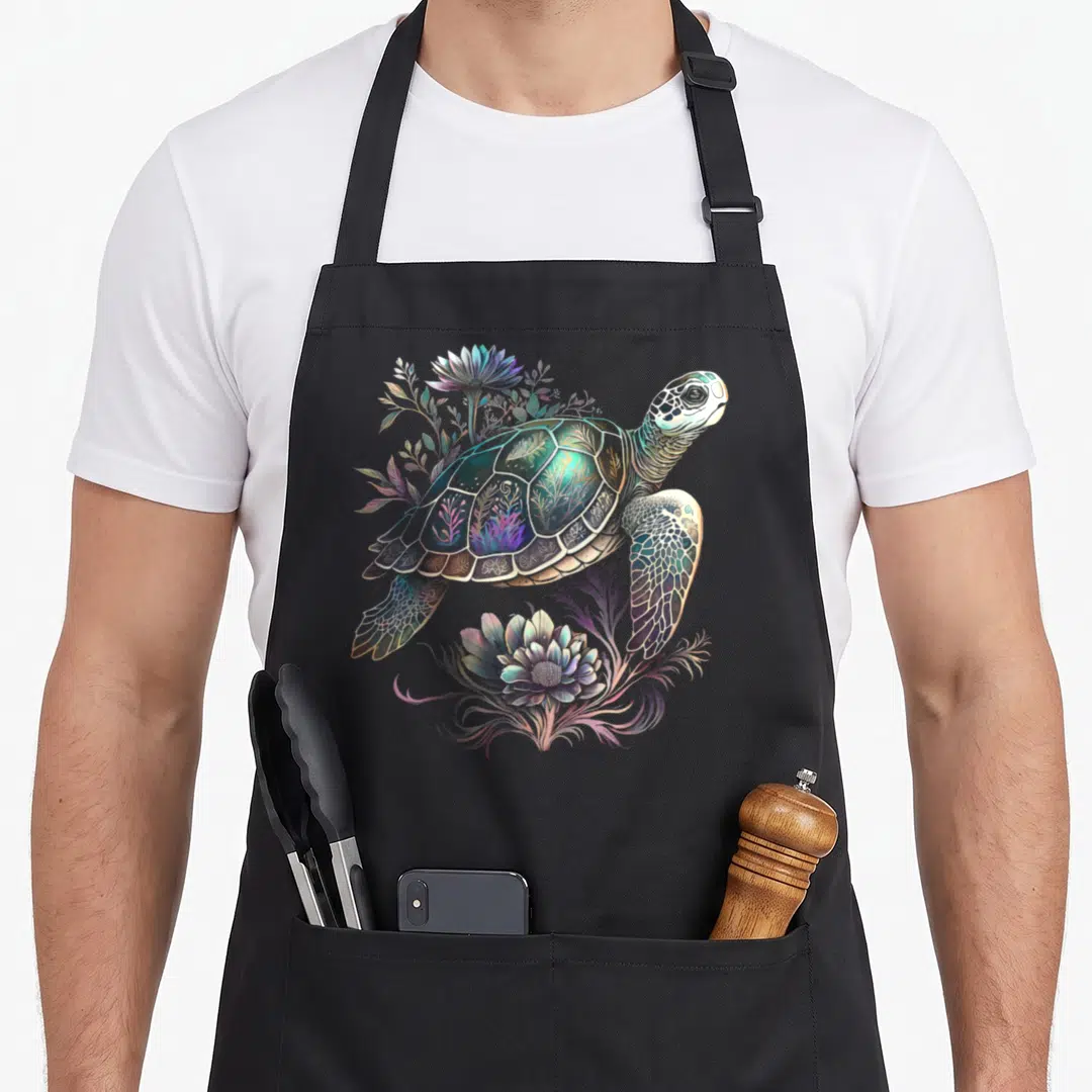 Beach animal apron - Realistic sea turtle with iridescent blue, purple, gold, and green floral elements — shown on a black cotton canvas apron against a white background