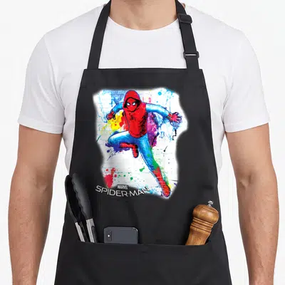 Graffiti homecoming apron - Leaping Spider-Man in red hoodie with watercolor splatters and stacked logo text — shown on a black cotton canvas apron against a white background