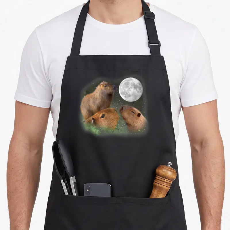 Capybaras animal apron - Three brown capybaras clustered below a white full moon against a green starry background — shown on a black cotton canvas apron against a white background