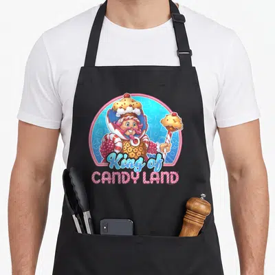King cotton candy apron - King of Candy Land cartoon character holding cupcake scepter in blue and pink circle — shown on a black cotton canvas apron against a white background