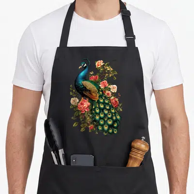 Funny flower animal apron - Realistic peacock illustration with pink roses and green foliage on a bib apron — shown on a black cotton canvas apron against a white background