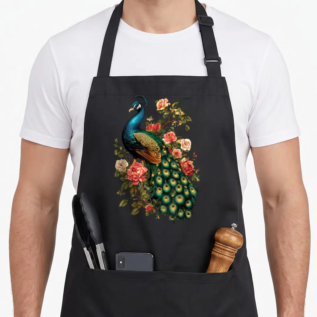 Funny flower animal apron - Realistic peacock illustration with pink roses and green foliage on a bib apron — shown on a black cotton canvas apron against a white background