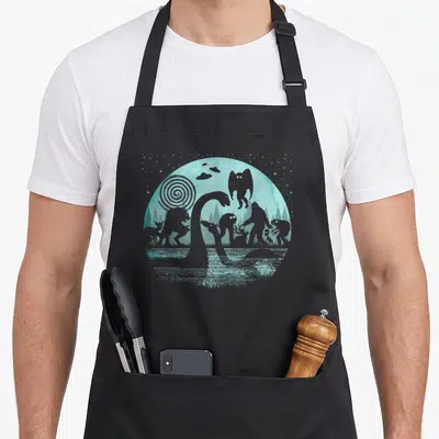 Loch ness monster bigfoot apron - Grey cryptid silhouettes standing in water against a teal moon with a spiral and stars — shown on a black cotton canvas apron against a white background