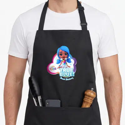 Bonnie rainbow apron - Blue-haired girl, TRUE BLUE text, purple cloud, rainbow logo — shown on a black cotton canvas apron against a white background