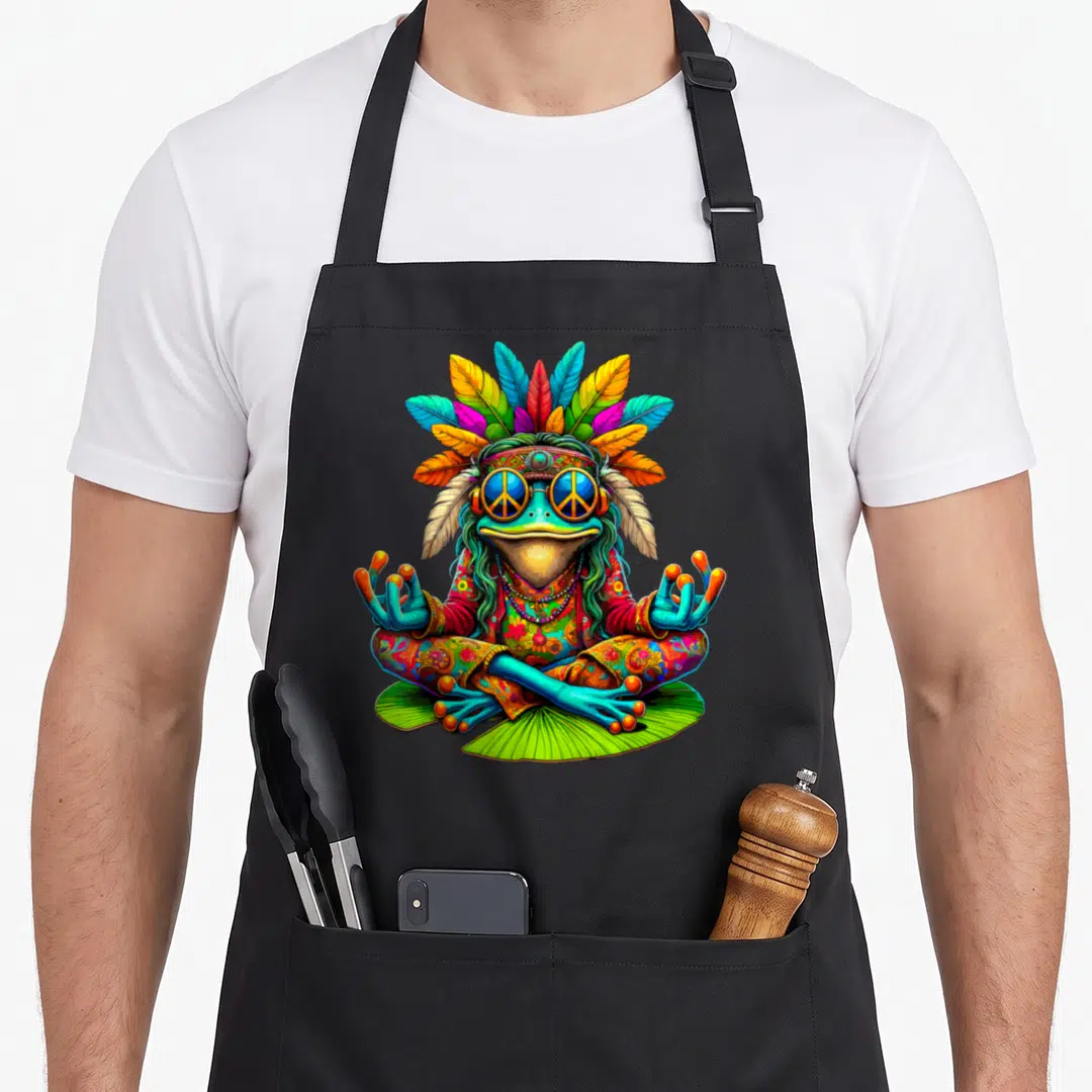 Frog hippie apron - Cartoon frog meditating on lily pad with peace sunglasses and feathered headdress — shown on a black cotton canvas apron against a white background