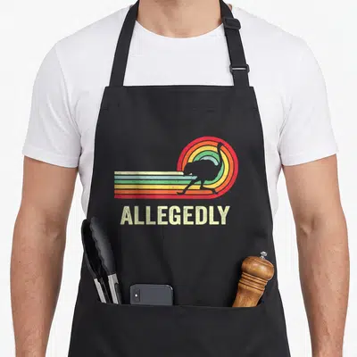 Funny allegedly ostrich lover apron - Grey ostrich silhouette over curved multi-colored stripes with ALLEGEDLY text — shown on a black cotton canvas apron against a white background