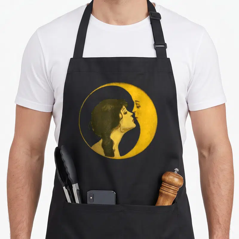 Kiss moon vintage apron - Retro woman in profile kissing a yellow crescent moon on a black apron — shown on a black cotton canvas apron against a white background
