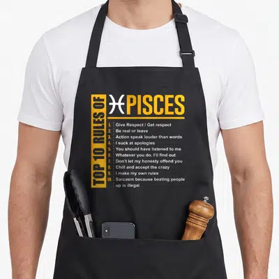 Rule birthday apron - Yellow and white Top 10 Rules of Pisces typography listing sarcastic zodiac guidelines — shown on a black cotton canvas apron against a white background