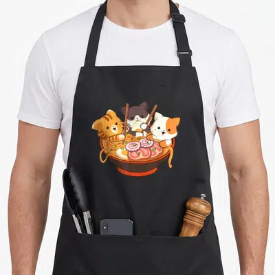 Kawaii anime cat apron - Three cartoon cats eating ramen noodles with chopsticks in a colorful bowl — shown on a black cotton canvas apron against a white background