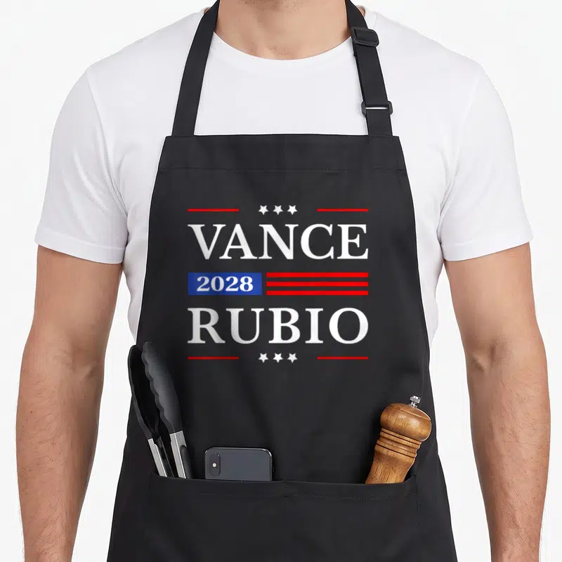 Rubio jd apron - VANCE 2028 RUBIO stacked text with blue rectangle red lines and white stars — shown on a black cotton canvas apron against a white background