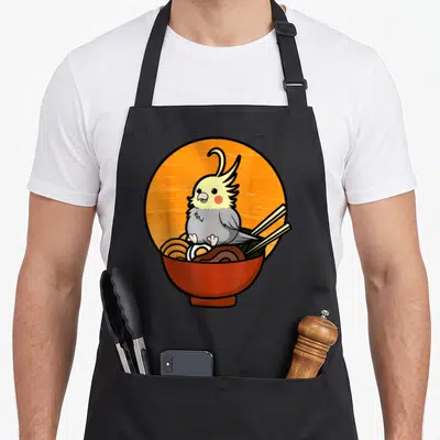 Lutino bird apron - Cartoon cockatiel sitting in red noodle bowl with chopsticks on orange circle background — shown on a black cotton canvas apron against a white background